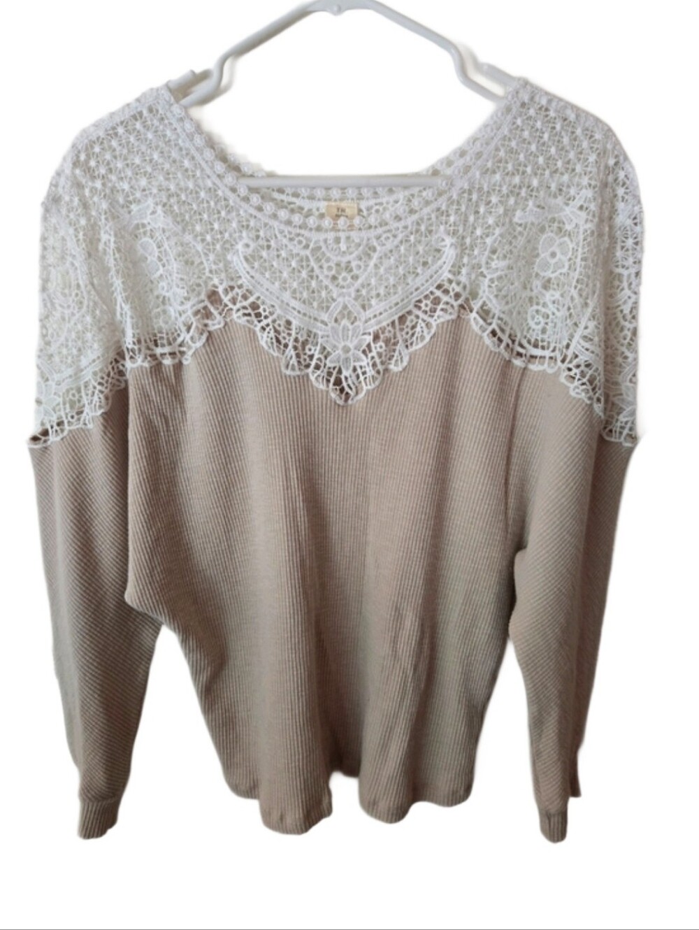Beige Ribbed Sweater with White Crochet Lace Yoke S